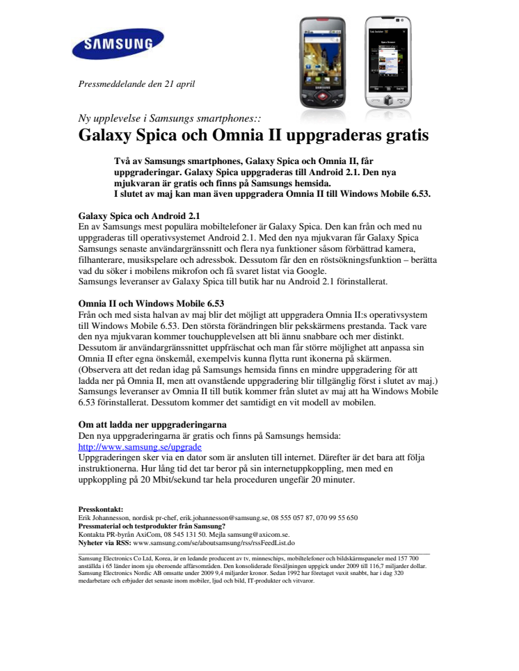 Galaxy Spica och Omnia II uppgraderas gratis
