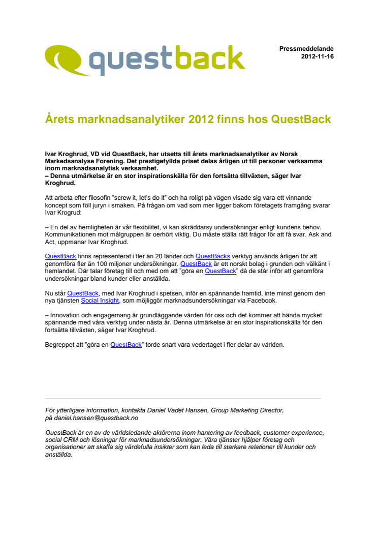 Årets marknadsanalytiker 2012 finns hos QuestBack