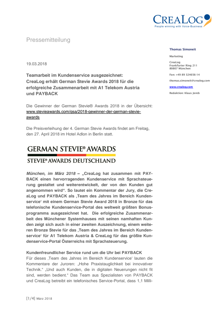 Teamarbeit im Kundenservice ausgezeichnet: CreaLog erhält German Stevie Awards 2018 für die  erfolgreiche Zusammenarbeit mit Telekom A1 Austria und PAYBACK