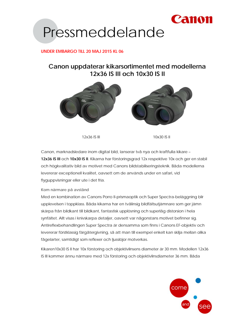 Canon uppdaterar kikarsortimentet med modellerna 12x36 IS III och 10x30 IS II