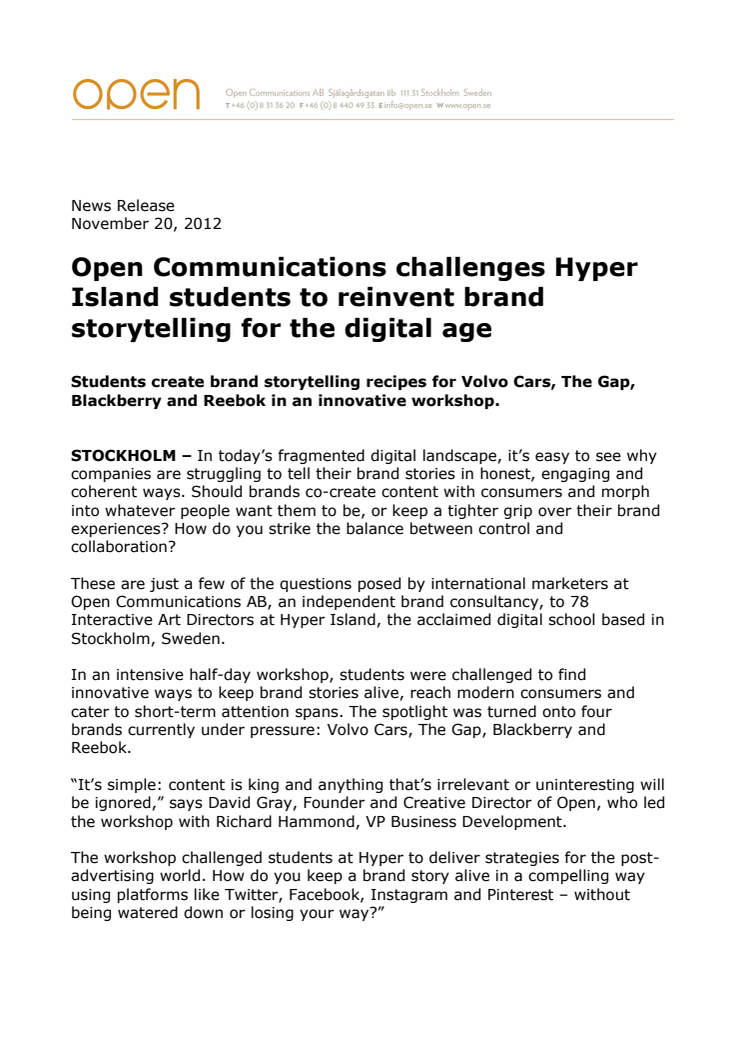 Open Communications challenges Hyper Island students to reinvent brand storytelling for the digital age