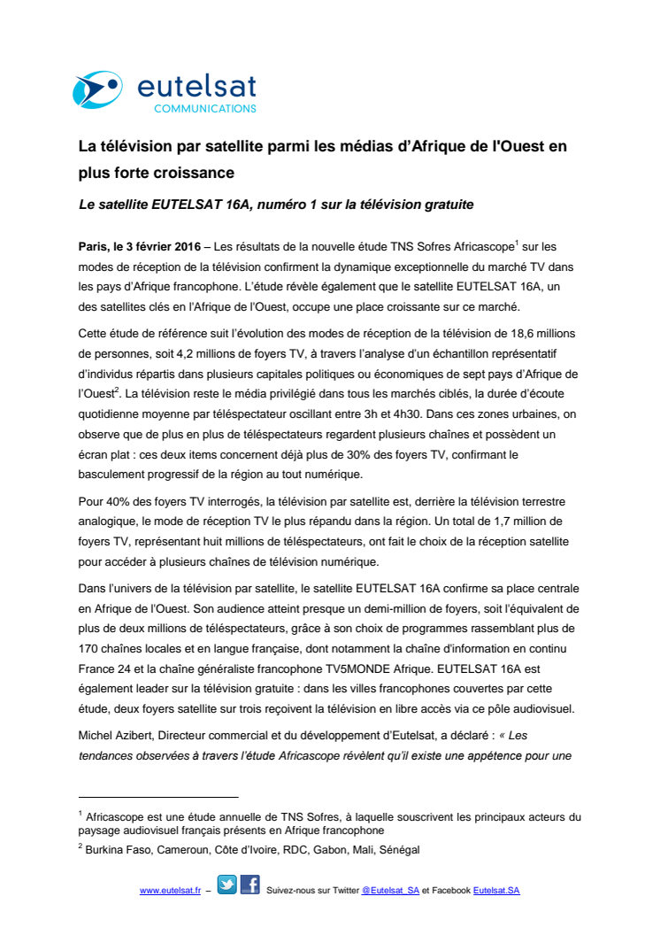 La télévision par satellite parmi les médias d’Afrique de l'Ouest en plus forte croissance 