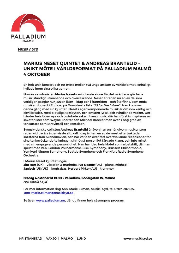 Marius Neset Quintet & Andreas Brantelid – unikt möte i världsformat på Palladium Malmö 4 oktober