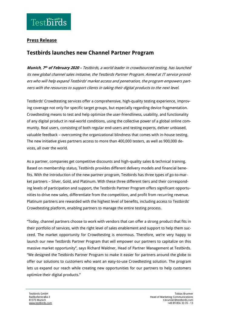 Testbirds launches new Channel Partner Program