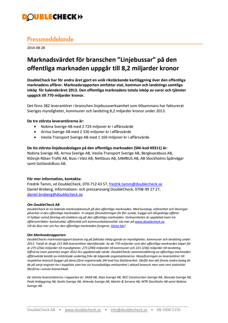 Marknadsvärdet för branschen ”Linjebussar” på den  offentliga marknaden uppgår till 8,2 miljarder kronor