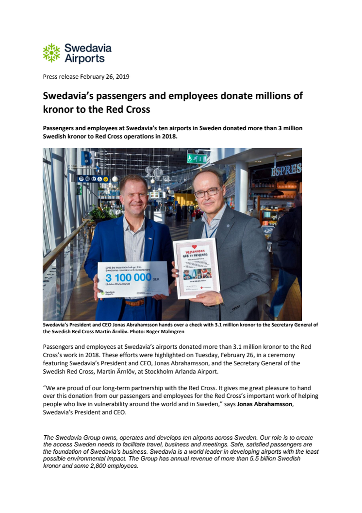 Swedavia’s passengers and employees donate millions of kronor to the Red Cross