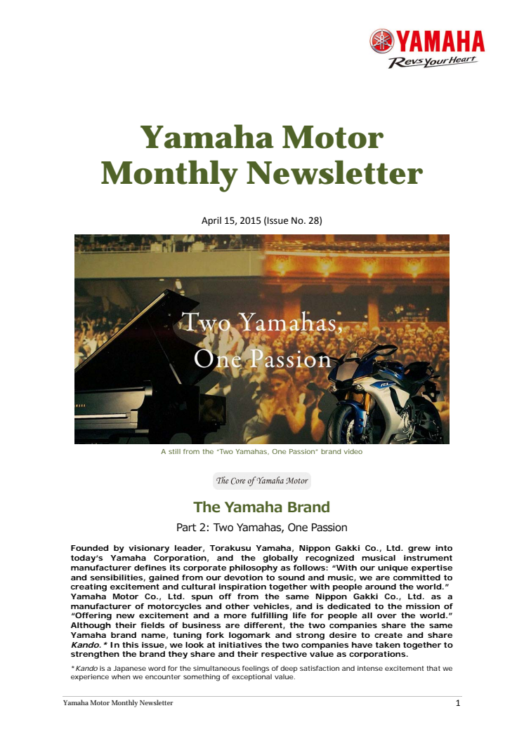 Yamaha Motor Monthly Newsletter No.28 (Apr.  2015) The Yamaha Brand Part2