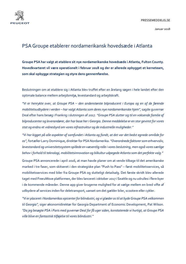  Groupe PSA etablerer nordamerikansk hovedsæde i Atlanta
