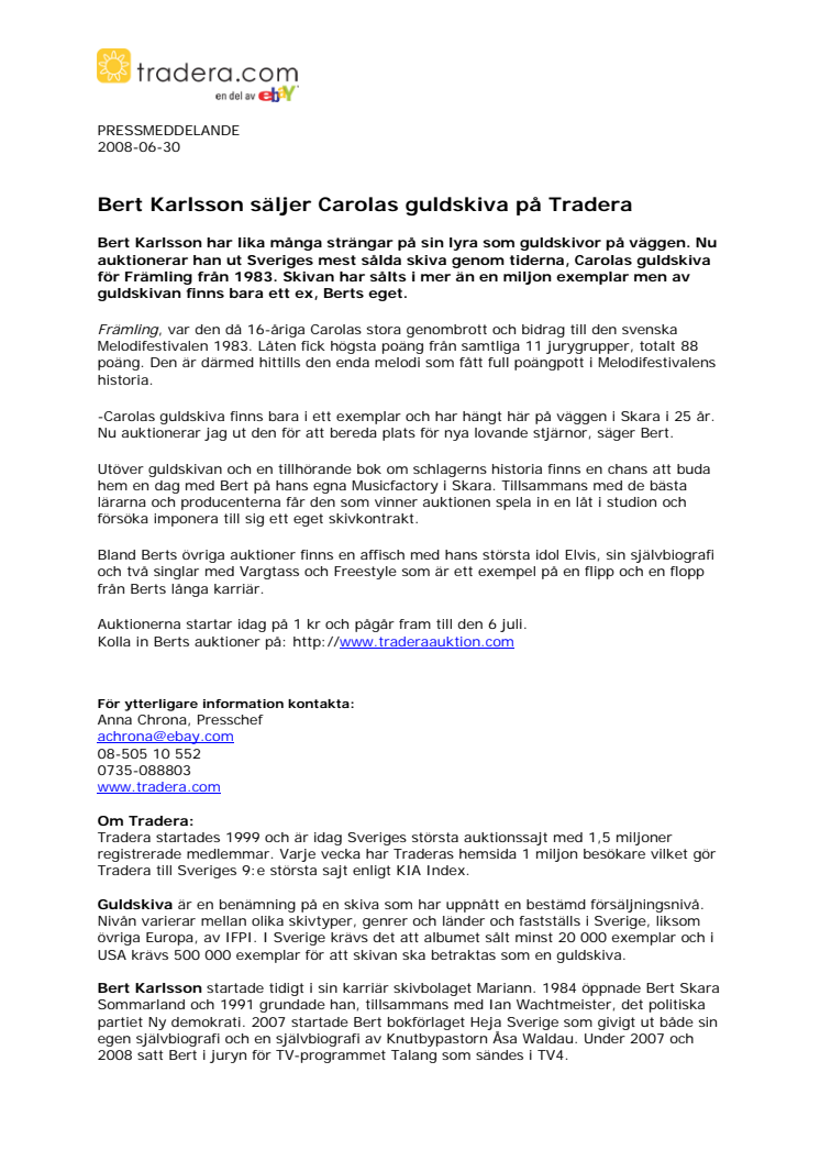 Bert Karlsson säljer Carolas guldskiva på Tradera
