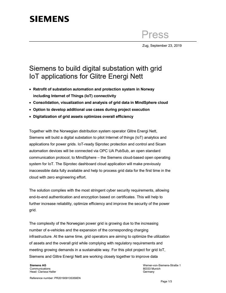 Siemens to build digital substation with grid IoT applications for Glitre Energi Nett