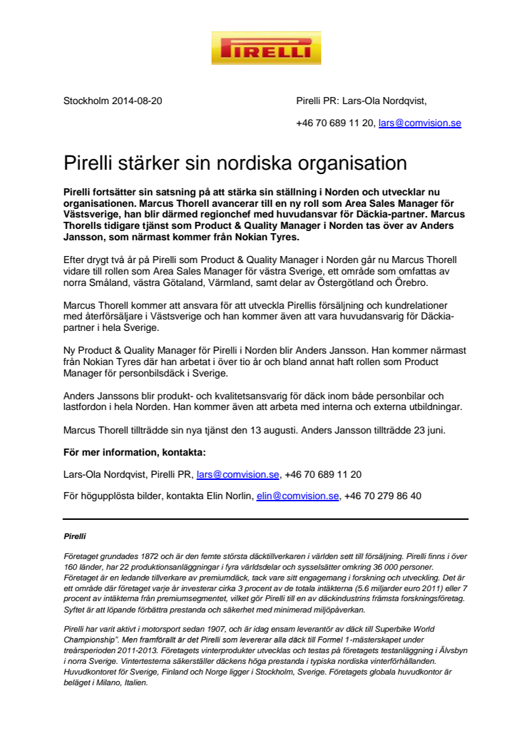Pirelli stärker sin nordiska organisation