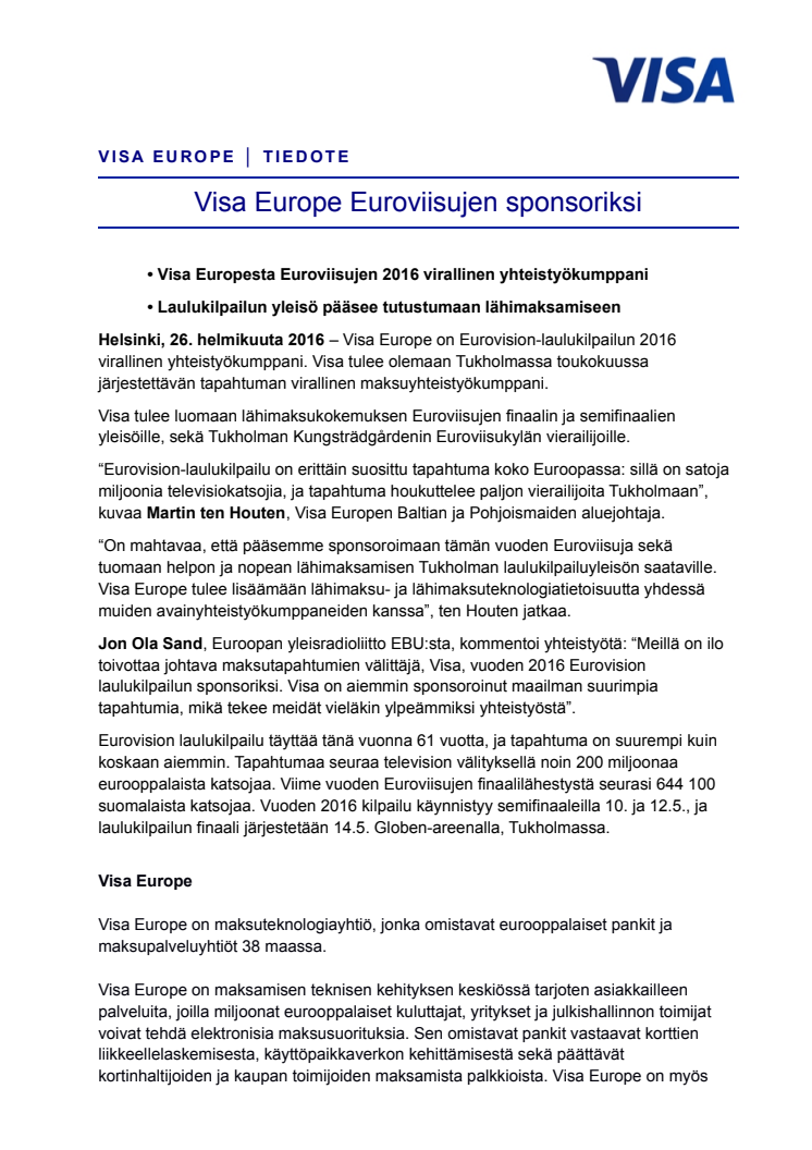 Visa Europe Euroviisujen sponsoriksi