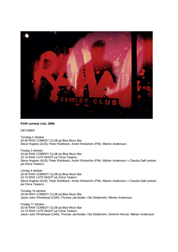 RAW comedy clubs höstsäsong 2008