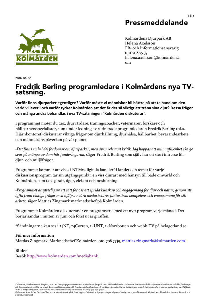 Fredrik Berling programledare i Kolmårdens nya TV-satsning