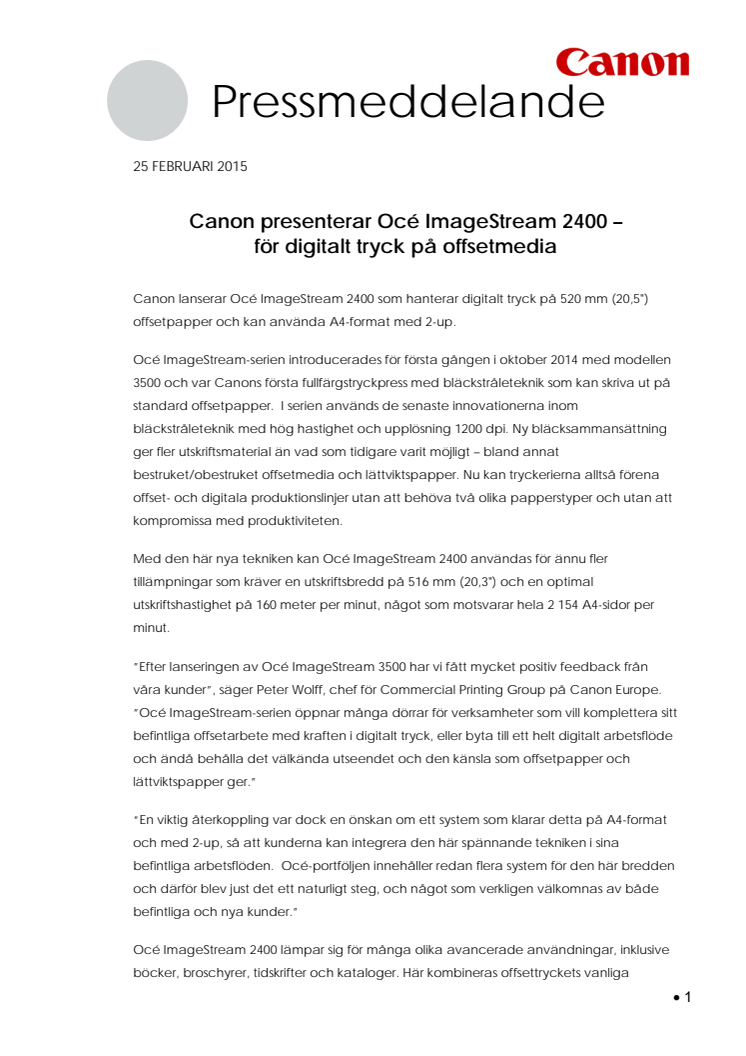 Canon presenterar Océ ImageStream 2400 –  för digitalt tryck på offsetmedia