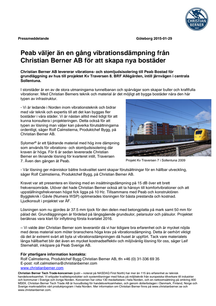 Peab väljer än en gång vibrationsdämpning från Christian Berner AB för att skapa nya bostäder