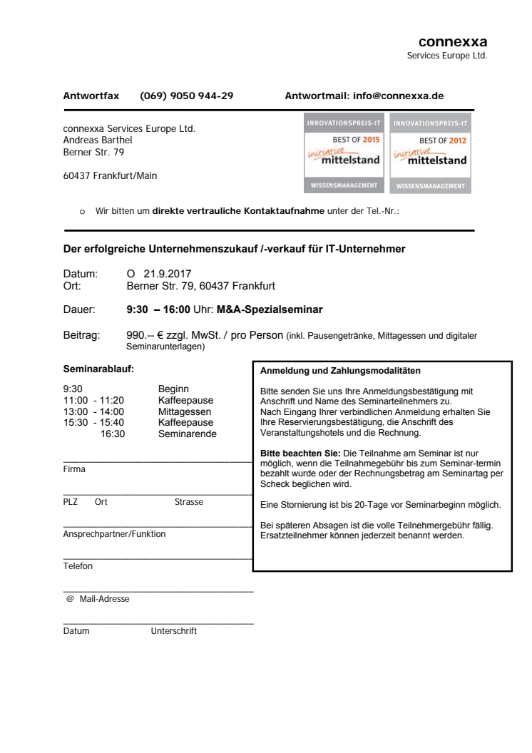 Anmeldung/Agenda. Unternehmens-zu und -verkauf, Unternehmensbewertung  für IT-Unternehmer
