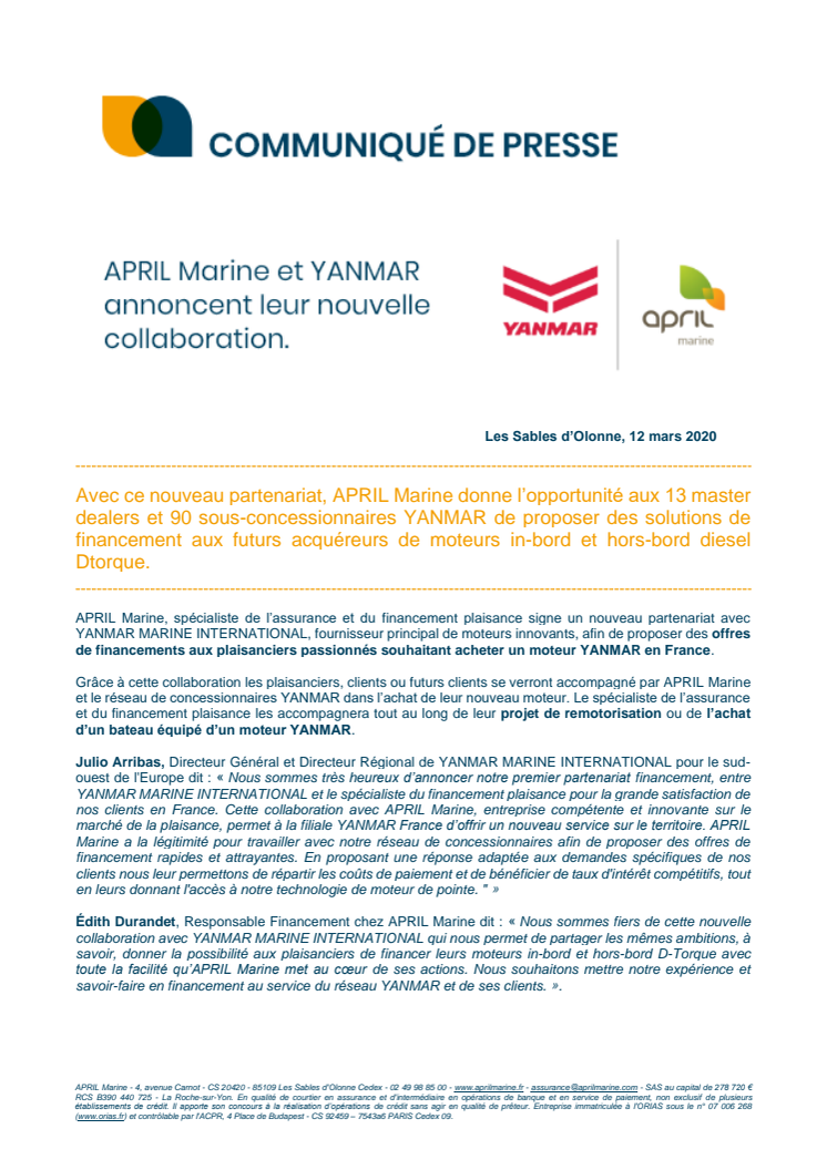 APRIL Marine et YANMAR annoncent leur collaboration