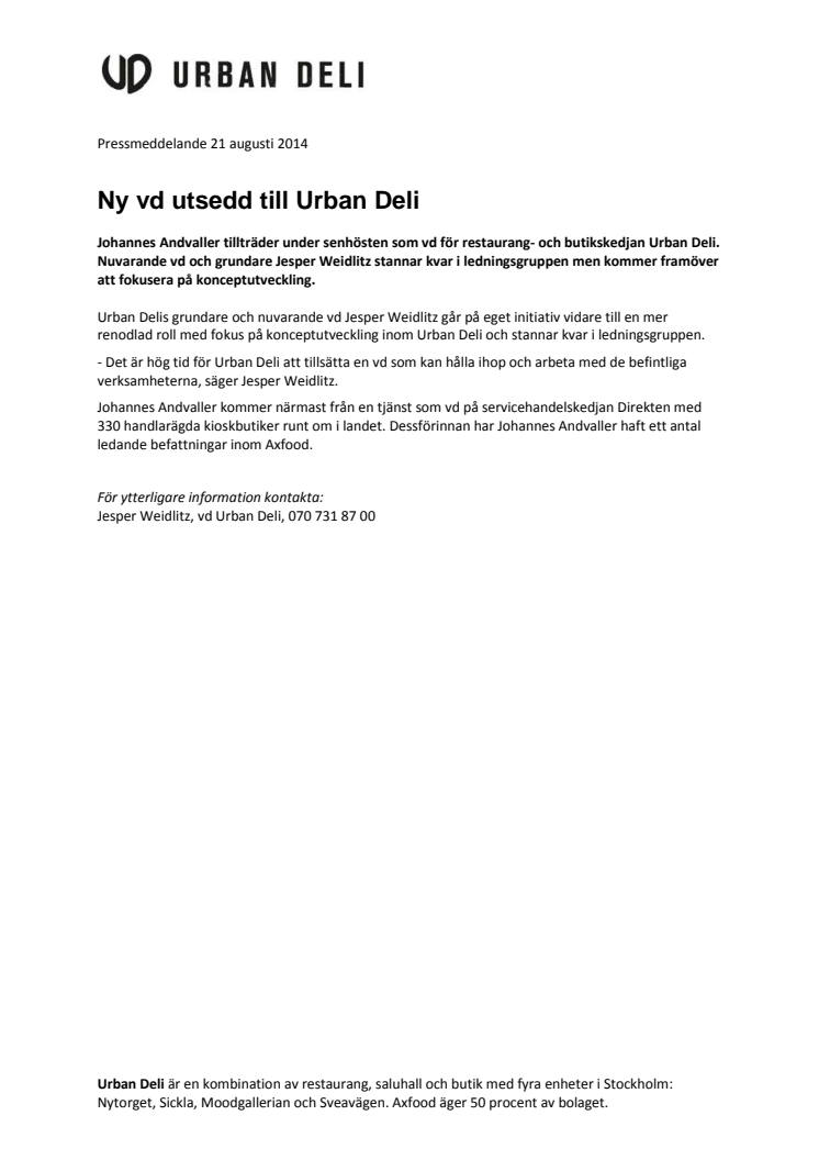 Ny vd utsedd till Urban Deli