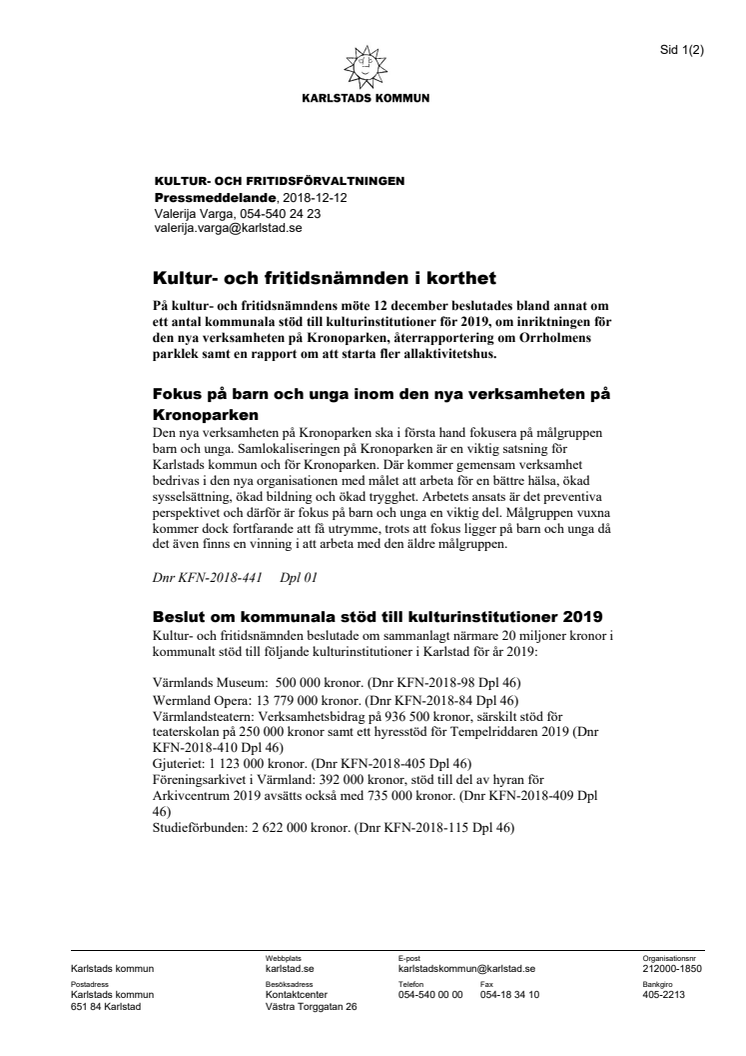 Kultur- och fritidsnämnden i korthet 12 december