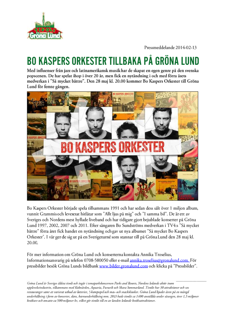 Bo Kaspers Orkester tillbaka på Gröna Lund