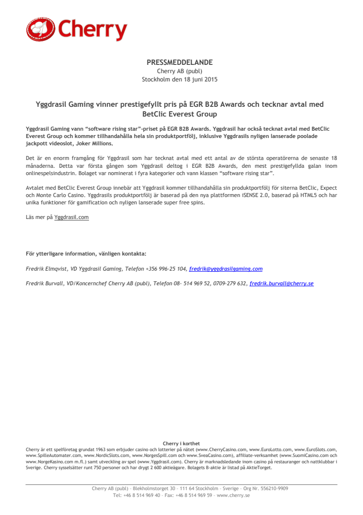Yggdrasil Gaming vinner prestigefyllt pris på EGR B2B Awards och tecknar avtal med BetClic Everest Group