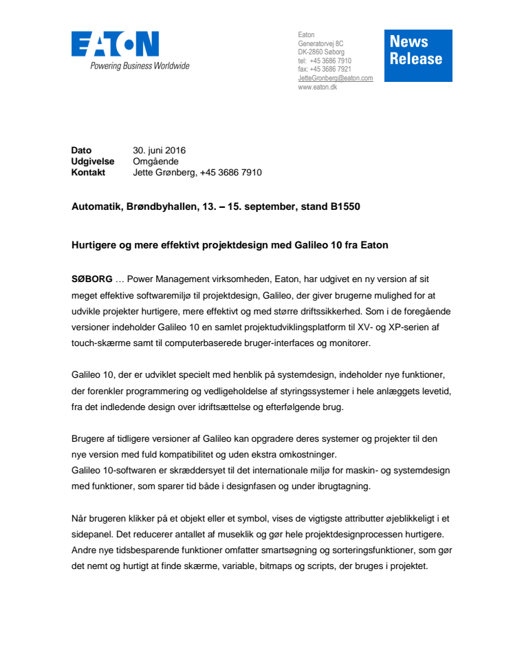 Hurtigere og mere effektivt projektdesign med Galileo 10 fra Eaton - Automatik 2016