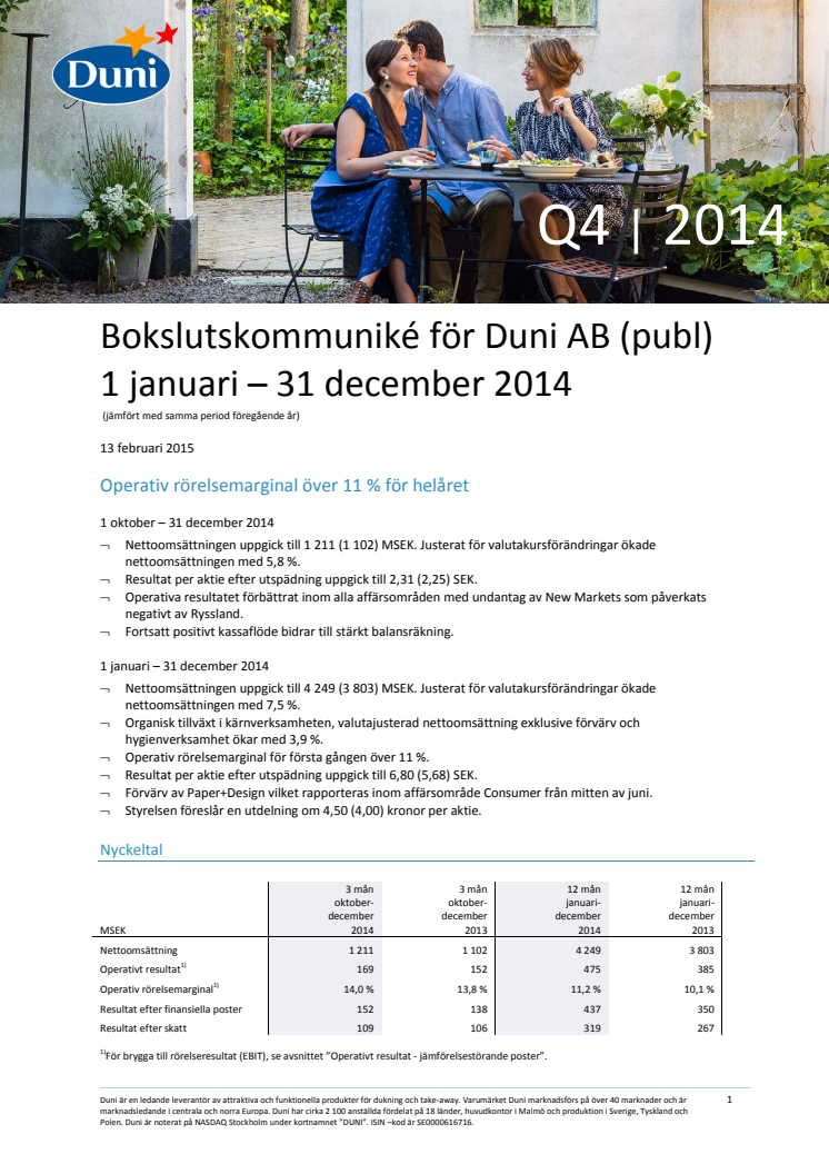 ​Bokslutskommuniké för Duni AB (publ) 1 januari – 31 december 2014