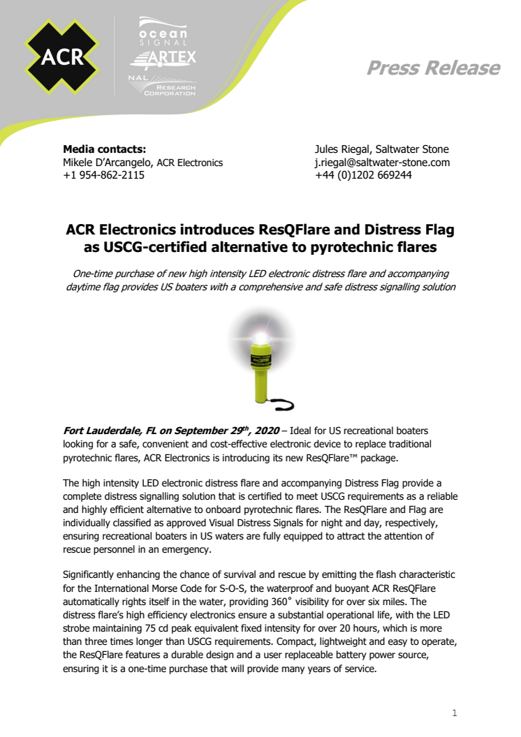 ACR Electronics Introduces ResQFlare and Distress Flag as USCG-Certified Alternative to Pyrotechnic Flares