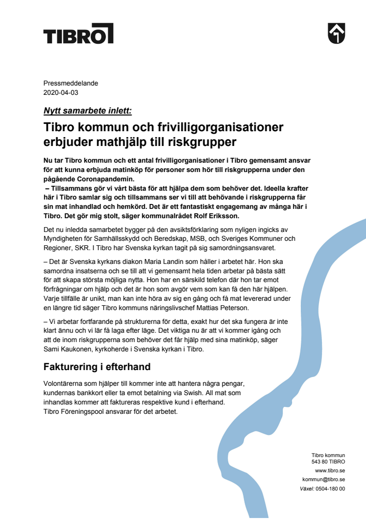 Pressmeddelande om Tibro kommuns samarbete med frivilligorganisationer om matleveranser under Coronapandemin