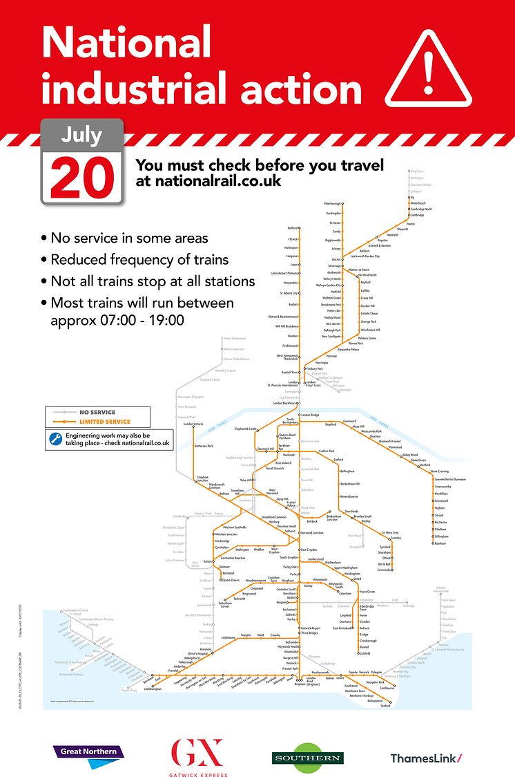 20 July RMT strike action rail service map