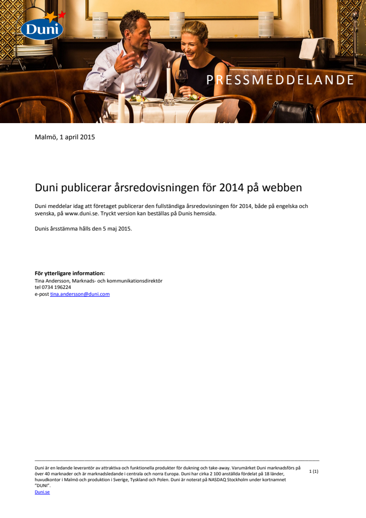 ​Duni publicerar årsredovisningen för 2014 på webben