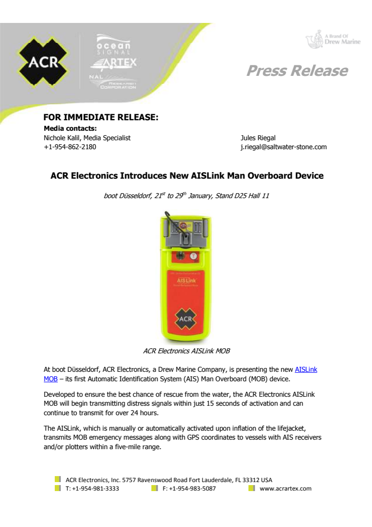 ACR Electronics Introduces New AISLink Man Overboard Device