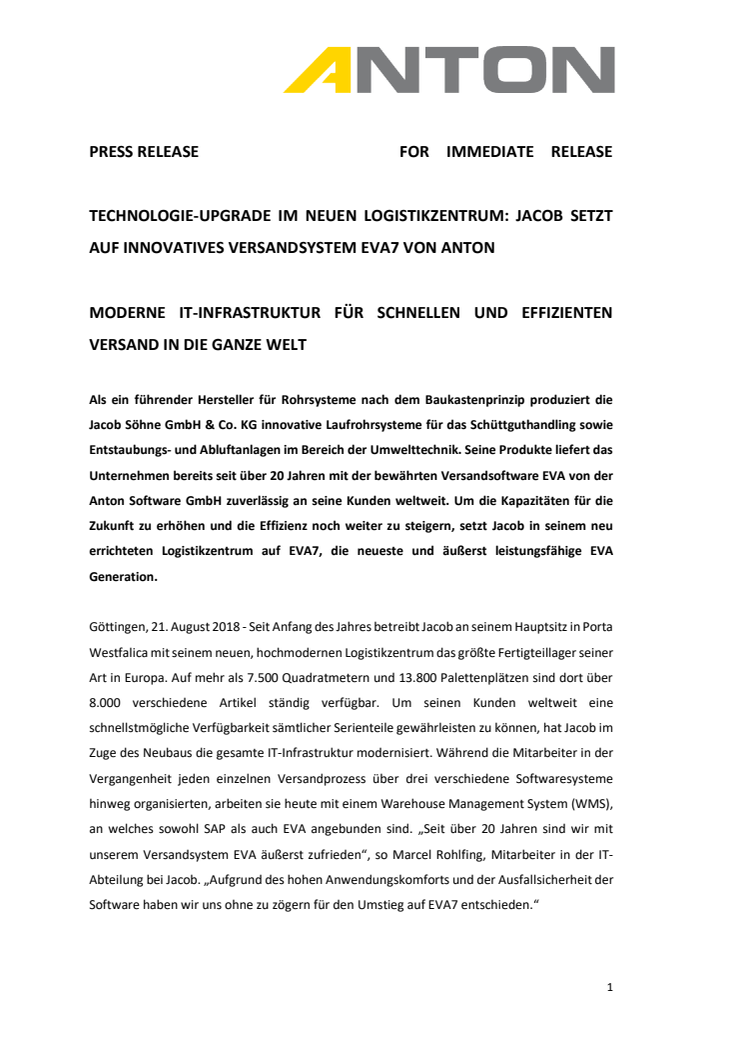 TECHNOLOGIE-UPGRADE IM NEUEN LOGISTIKZENTRUM: JACOB SETZT AUF INNOVATIVES VERSANDSYSTEM EVA7 VON ANTON