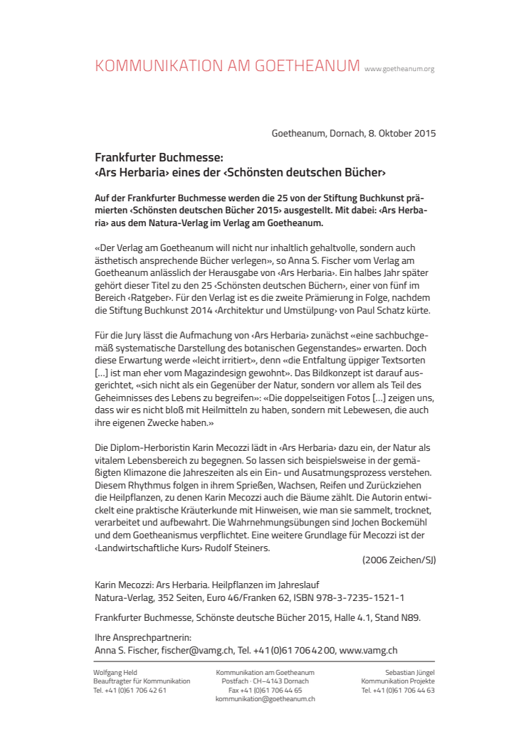 Stiftung Buchkunst prämiert ‹Ars Herbaria› aus dem Verlag am Goetheanum