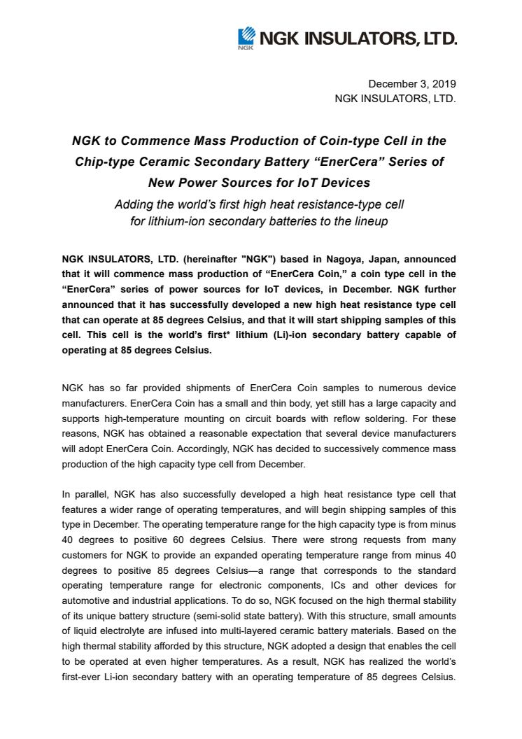 NGK to Commence Mass Production of Coin-type Cell in the Chip-type Ceramic Secondary Battery “EnerCera” Series of New Power Sources for IoT Devices Adding the world’s first high heat resistance-type cell