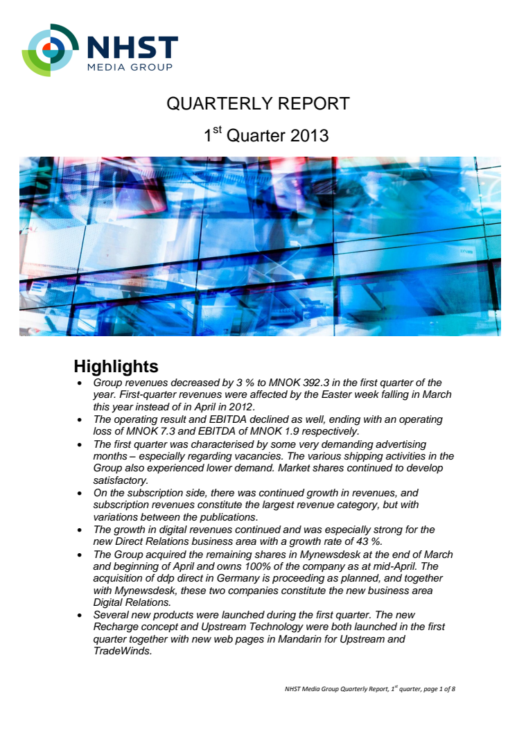 NHST Media Group Quarterly report Q1 2013