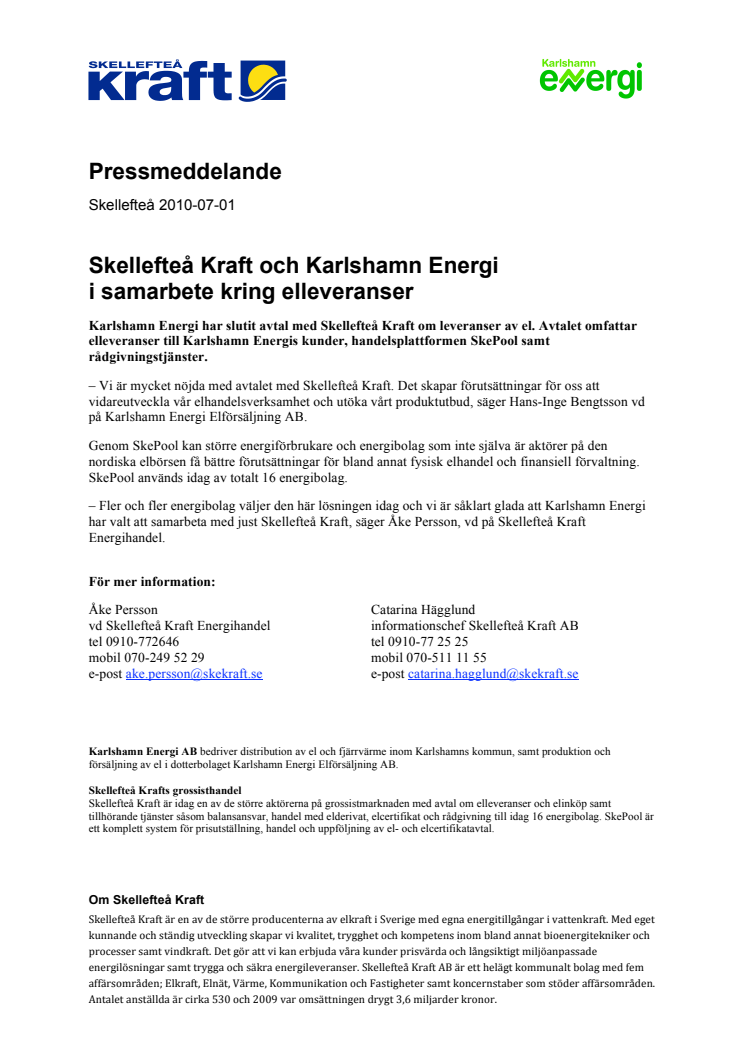 Skellefteå Kraft och Karlshamn Energi i samarbete kring elleveranser 