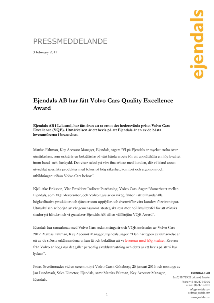 Ejendals AB har fått Volvo Cars Quality Excellence Award