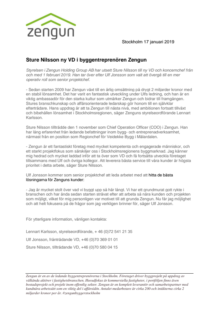 Sture Nilsson ny VD i byggentreprenören Zengun 