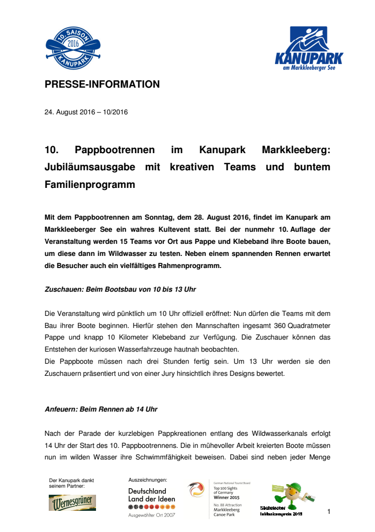 Pressemitteilung zum Programm des Pappbootrennens im Kanupark Markkleeberg