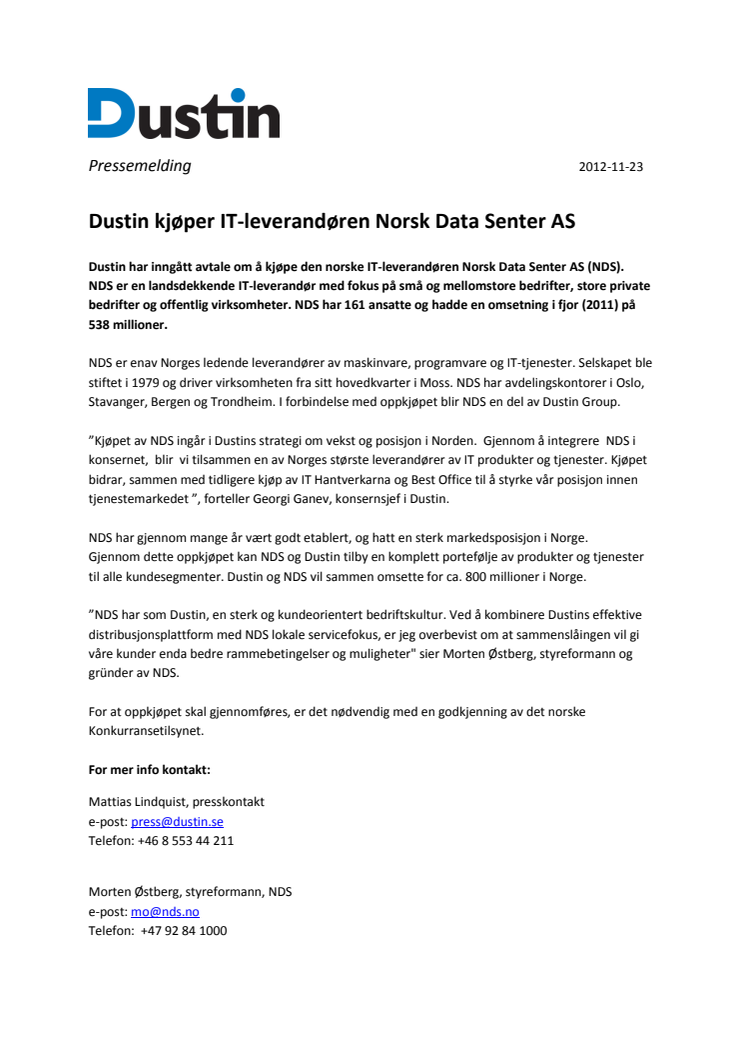 Dustin kjøper IT-leverandøren Norsk Data Senter AS
