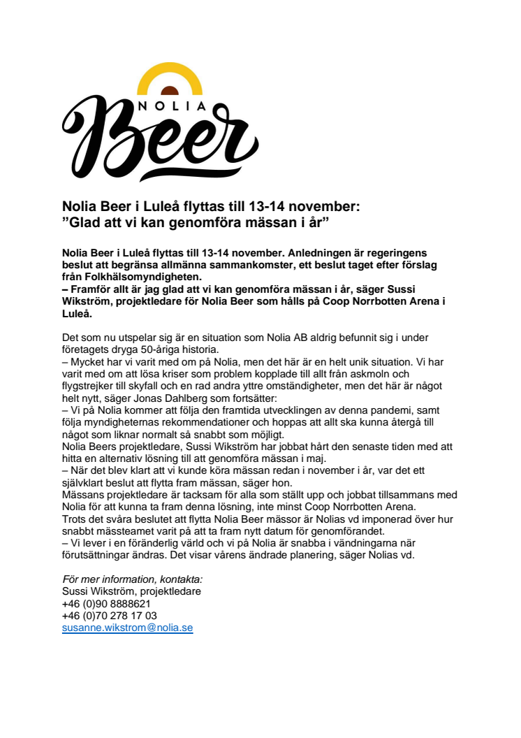 Nolia Beer i Luleå flyttas till 13-14 november: ”Glad att vi kan genomföra mässan i år”