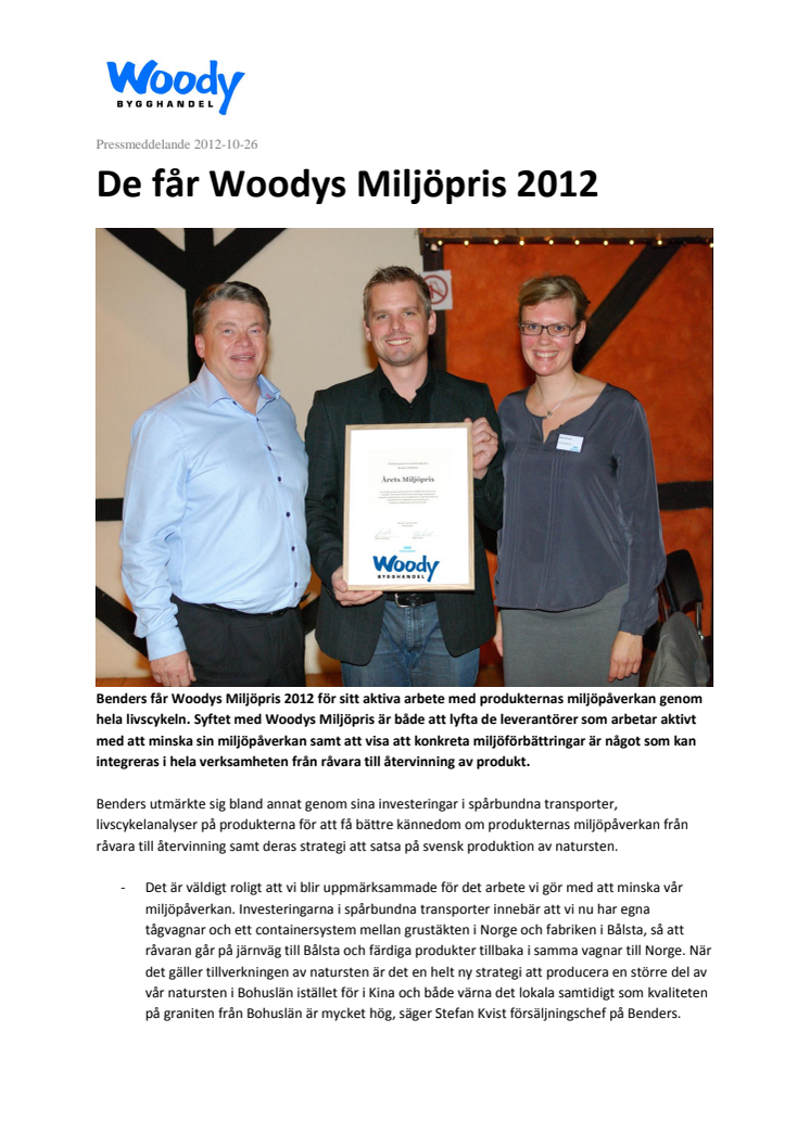 De får Woodys Miljöpris 2012