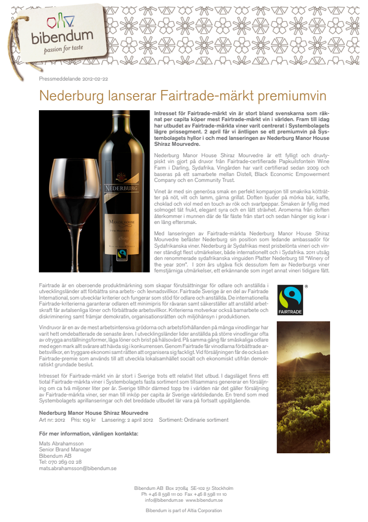 Fairtrade-märkt premiumvin från Nederburg lanseras på Systembolaget
