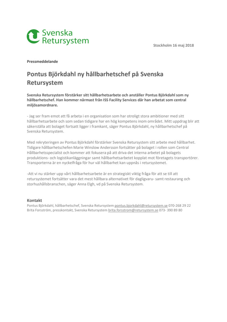 Pontus Björkdahl ny hållbarhetschef på Svenska Retursystem