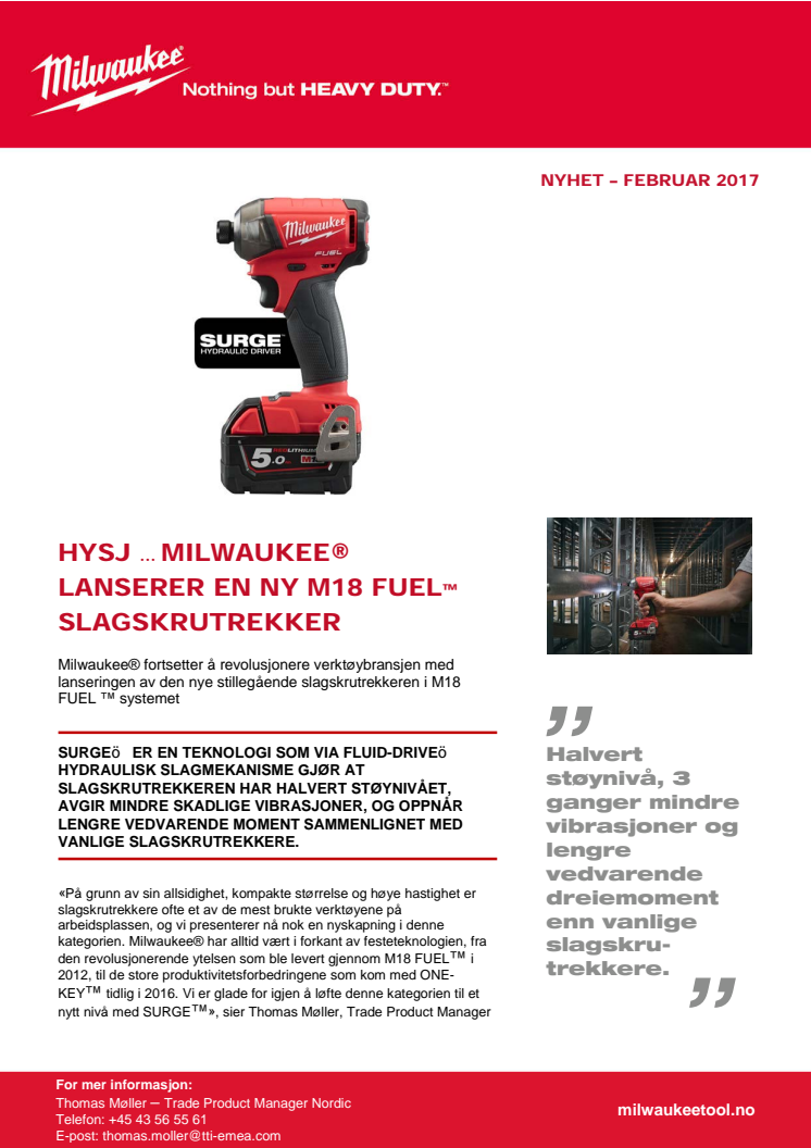 HYSJ … MILWAUKEE® LANSERER EN NY M18 FUEL™ SLAGSKRUTREKKER