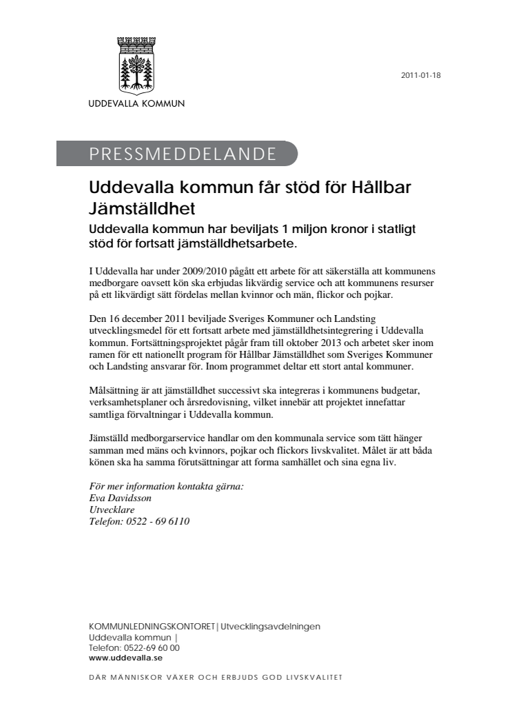 Uddevalla kommun får stöd för Hållbar Jämställdhet