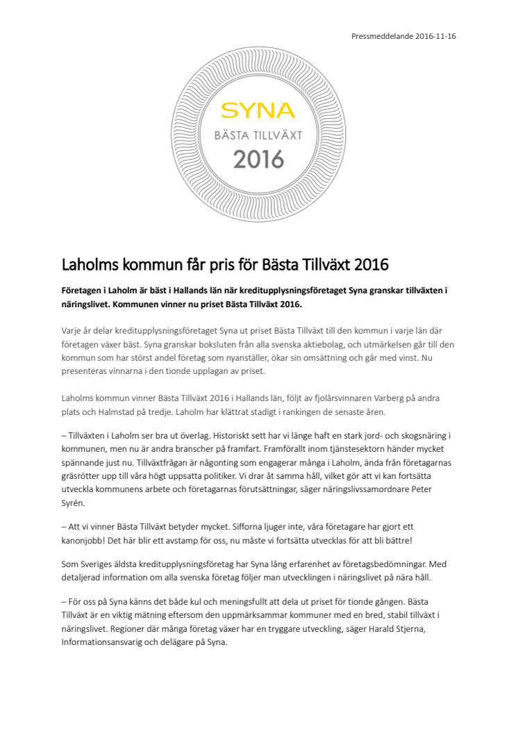 Laholms kommun får pris för Bästa Tillväxt 2016