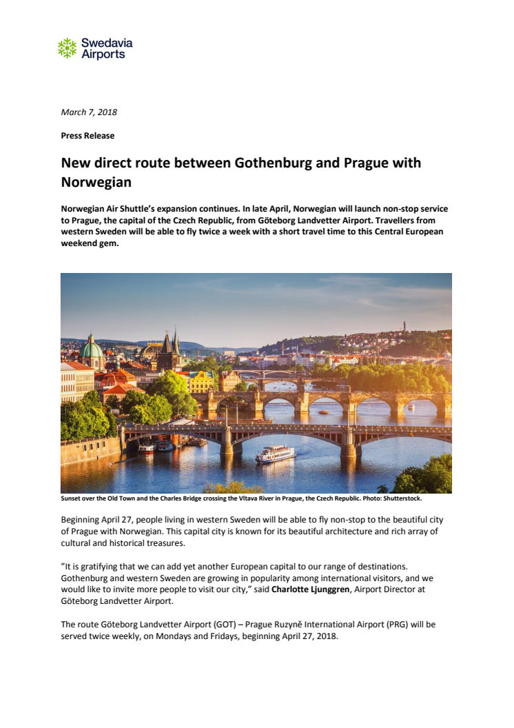 New direct route between Göteborg Landvetter Airport and Prague with Norwegian